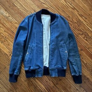 Blue Denim Bomber Jacket with Ribbed Cuffs